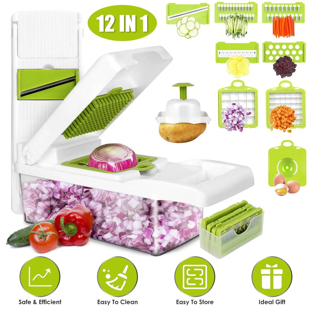 12 in 1 vegetable chopper with container, slicer, dicer, grater, peeler, egg separator, and hand protector for onions and salad
