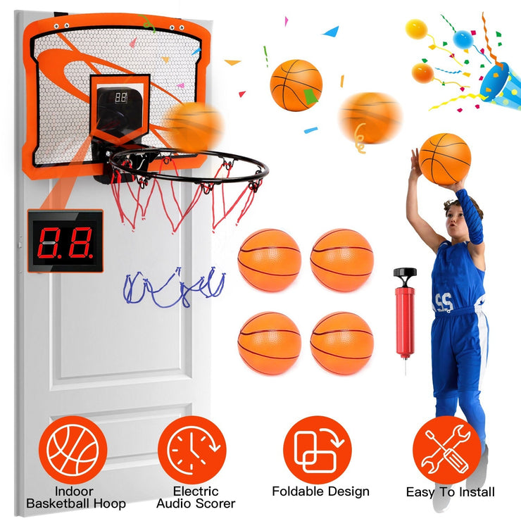 Indoor mini basketball hoop set with electronic audio scorer, foldable design, 4 inflatable balls, and easy door hook installation for kids and adults.