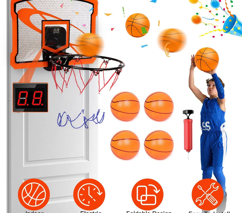 Indoor mini basketball hoop set with electronic audio scorer, foldable design, 4 inflatable balls, and easy door hook installation for kids and adults.