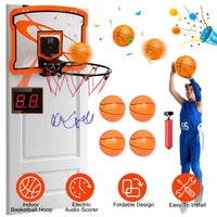 Indoor mini basketball hoop set with electronic audio scorer, foldable design, 4 inflatable balls, and easy door hook installation for kids and adults.