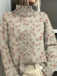 Women's Vintage Floral Print Pullover - Turtleneck Long Sleeve Loose Fit Polyester Top