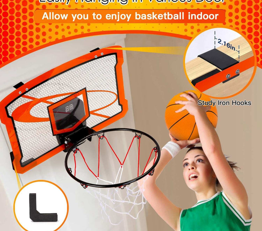 Indoor Mini Basketball Hoop Set Over Door Basketball Hoop With 4 Inflatable Balls Electric Audio Scorer Foldable Basket Gift For Kids And Adults