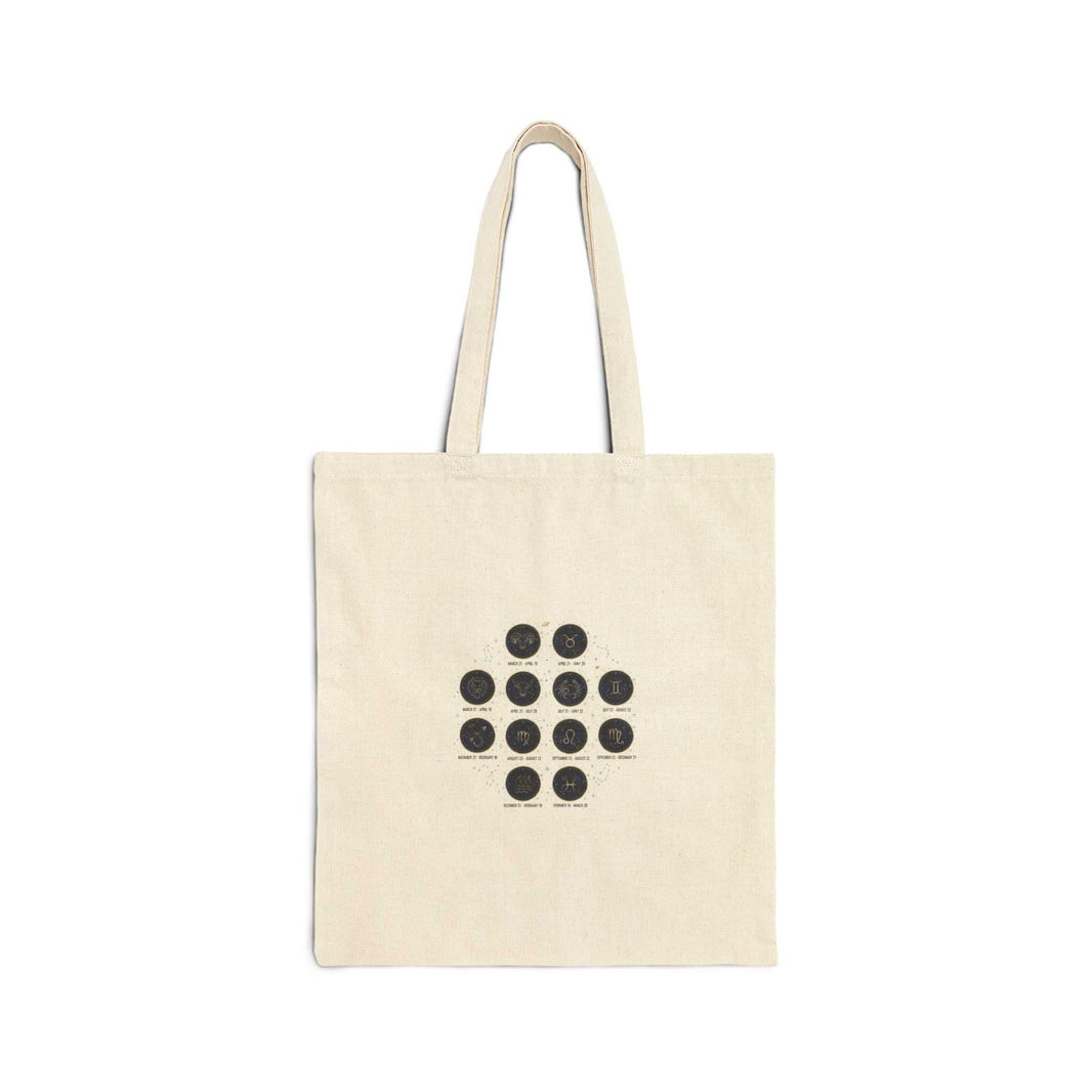 Celestial Moon Phase Grid Tote with constellation design on natural cotton canvas