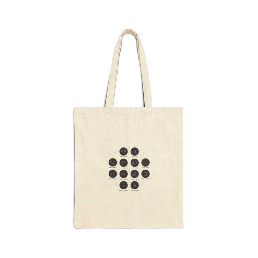 Celestial Moon Phase Grid Tote with constellation design on natural cotton canvas
