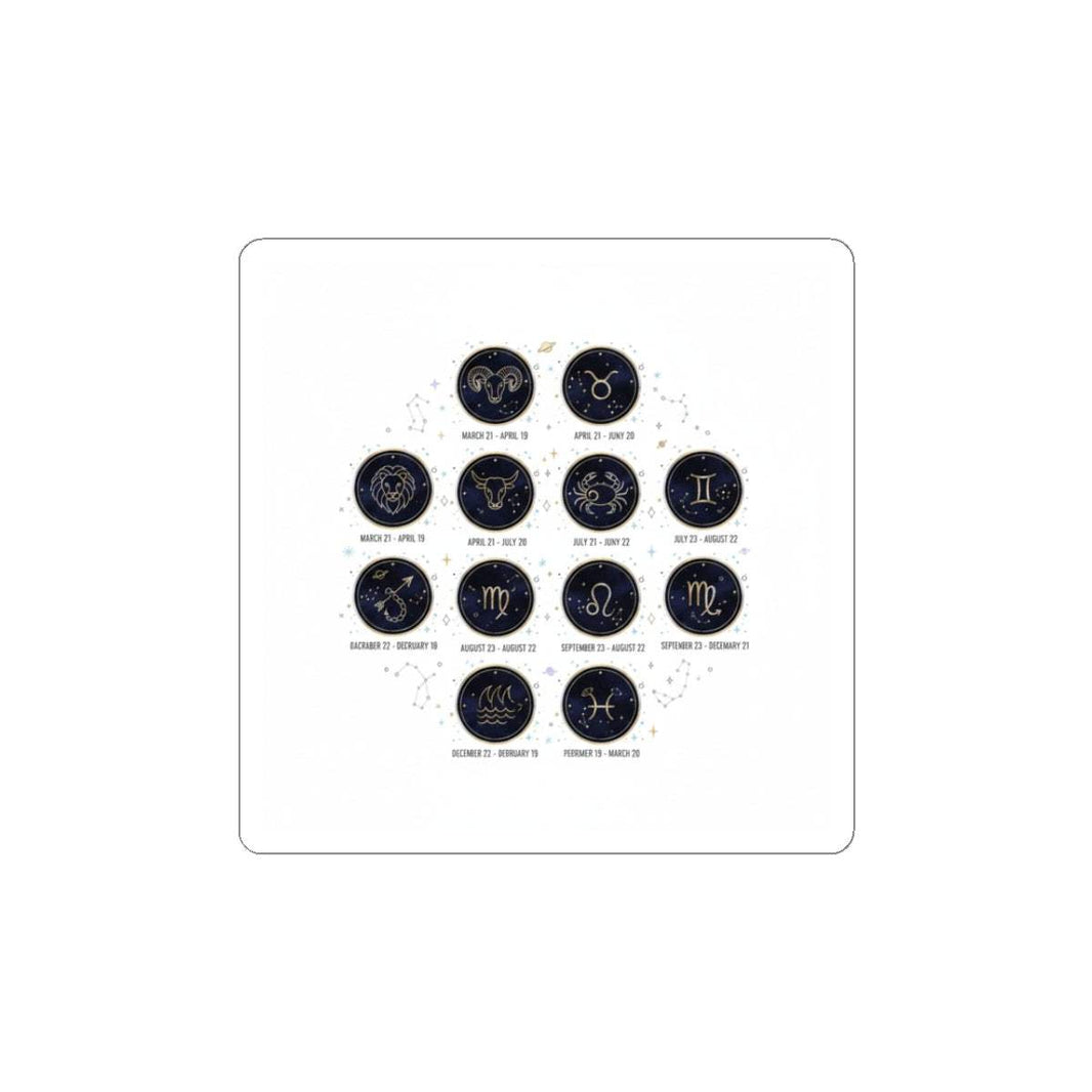 Glossy zodiac constellation circle stickers with gold glyphs on deep indigo background
