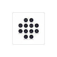 Glossy zodiac constellation circle stickers with gold glyphs on deep indigo background