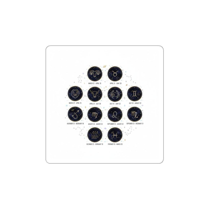 Glossy zodiac constellation circle stickers with gold glyphs on deep indigo background