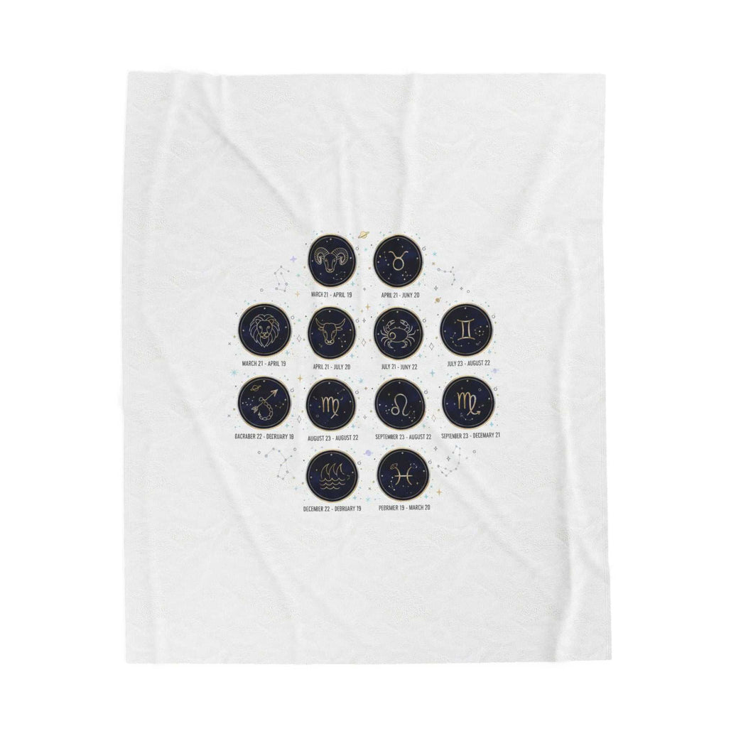 Zodiac constellation circle plush blanket with metallic accents on deep navy celestial design