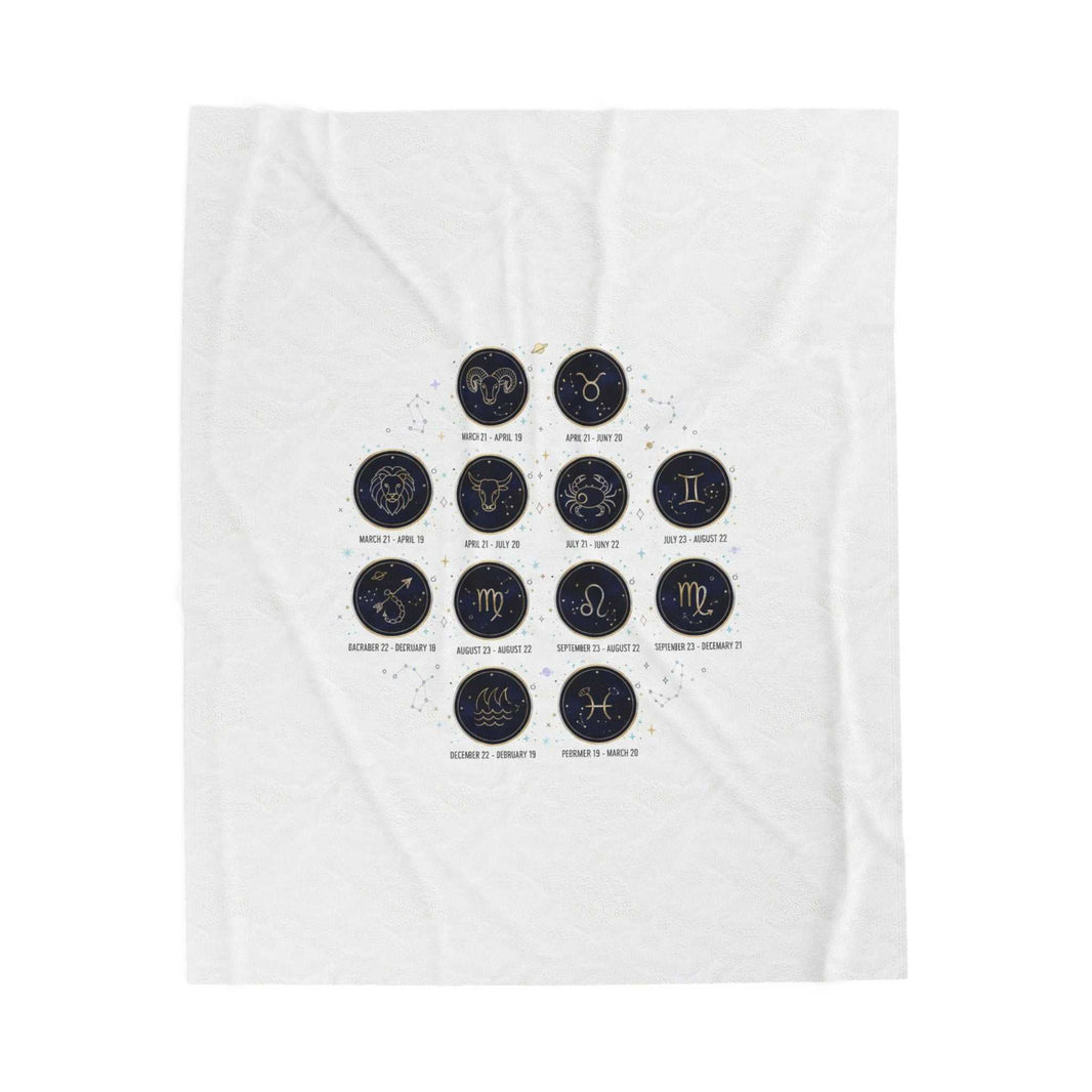 Zodiac constellation circle plush blanket with metallic accents on deep navy celestial design