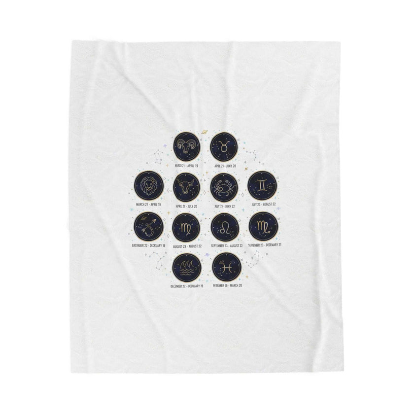Zodiac constellation circle plush blanket with metallic accents on deep navy celestial design