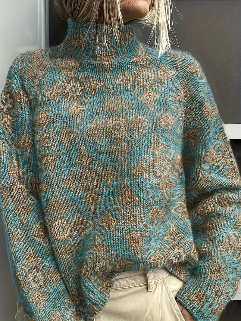 Women's Vintage Floral Print Pullover - Turtleneck Long Sleeve Loose Fit Polyester Top