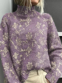 Women's Vintage Floral Print Pullover - Turtleneck Long Sleeve Loose Fit Polyester Top