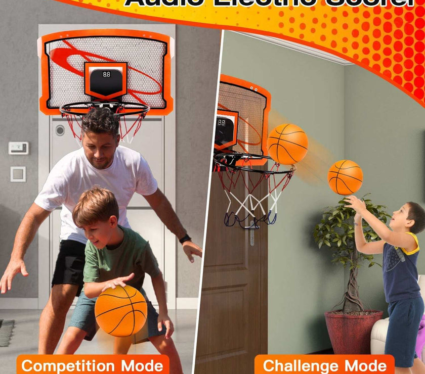 Indoor Mini Basketball Hoop Set Over Door Basketball Hoop With 4 Inflatable Balls Electric Audio Scorer Foldable Basket Gift For Kids And Adults