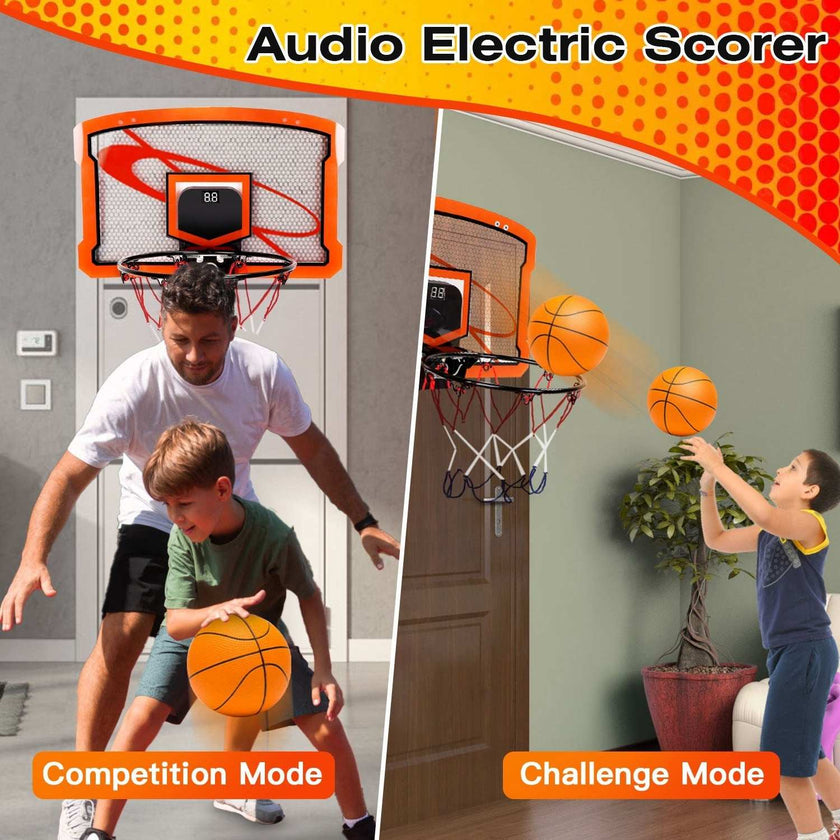 Indoor Mini Basketball Hoop Set Over Door Basketball Hoop With 4 Inflatable Balls Electric Audio Scorer Foldable Basket Gift For Kids And Adults