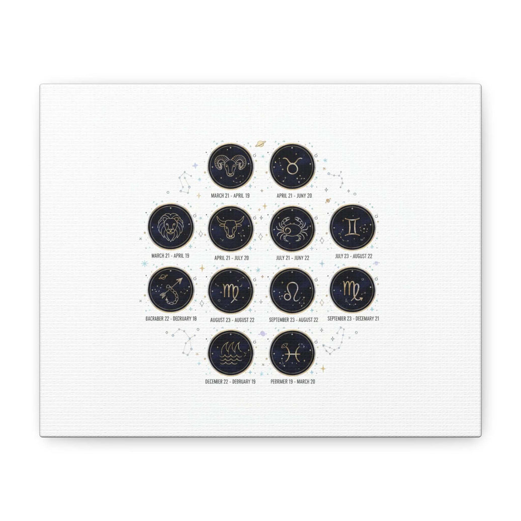 Minimalist zodiac constellation chart canvas with gold glyphs on navy background, metallic galaxy art print for astrology decor