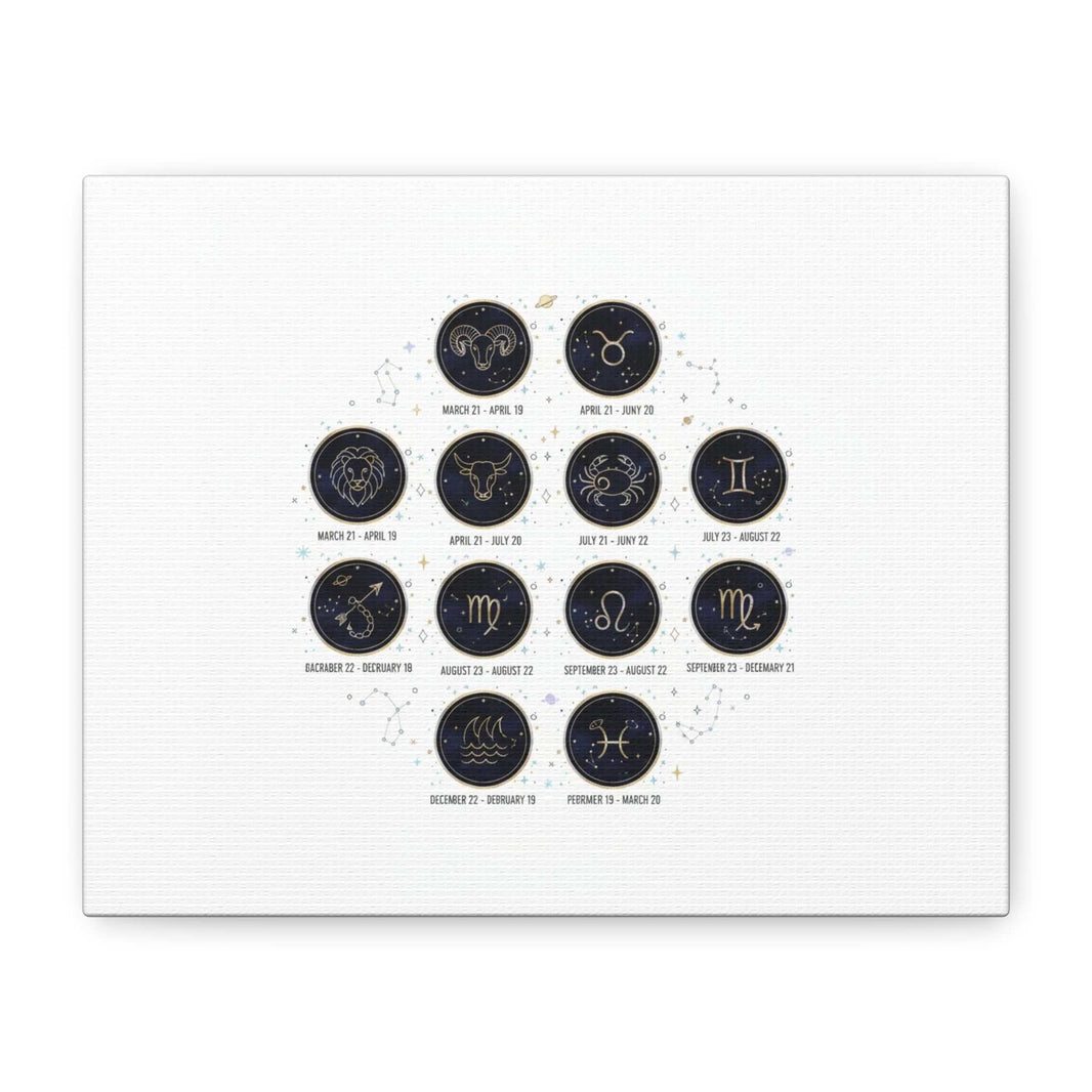 Minimalist zodiac constellation chart canvas with gold glyphs on navy background, metallic galaxy art print for astrology decor