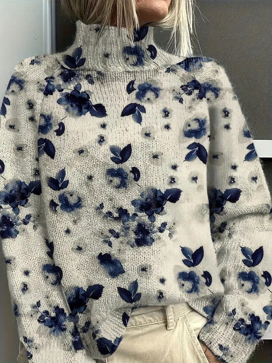 Women's Vintage Floral Print Pullover - Turtleneck Long Sleeve Loose Fit Polyester Top