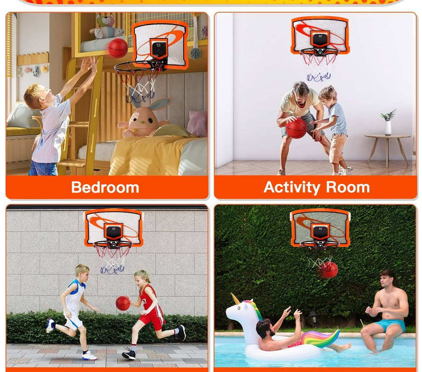 Indoor Mini Basketball Hoop Set Over Door Basketball Hoop With 4 Inflatable Balls Electric Audio Scorer Foldable Basket Gift For Kids And Adults