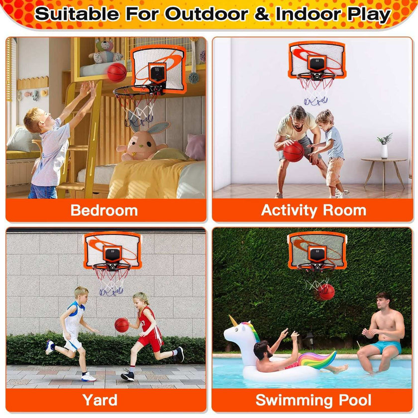 Indoor Mini Basketball Hoop Set Over Door Basketball Hoop With 4 Inflatable Balls Electric Audio Scorer Foldable Basket Gift For Kids And Adults