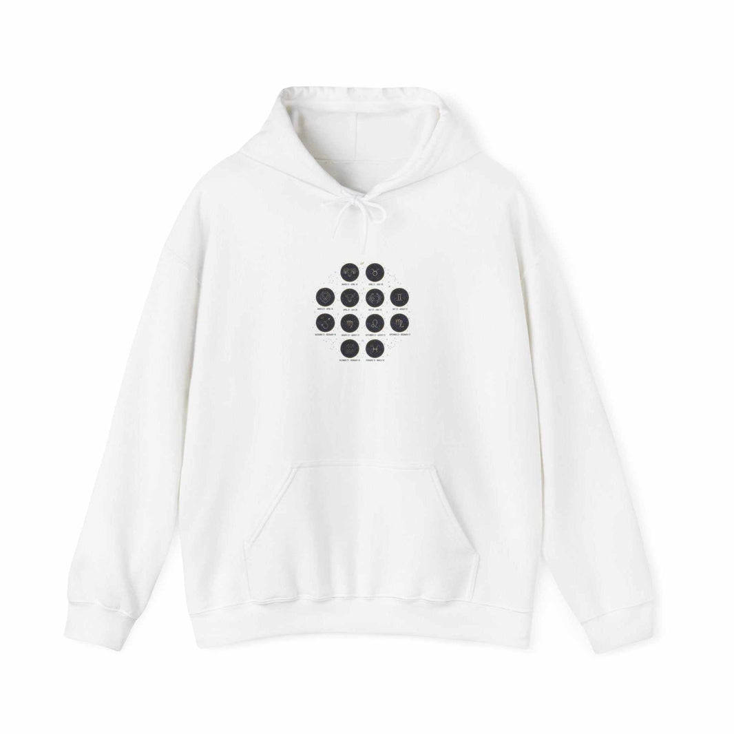 Minimalist constellation grid hoodie with moon phases and metallic dot galaxy design on dark fabric