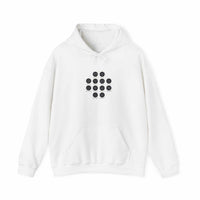 Minimalist constellation grid hoodie with moon phases and metallic dot galaxy design on dark fabric