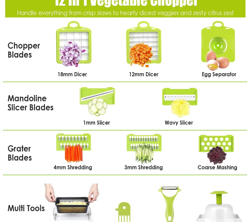 12 In 1 Vegetable Chopper With Container Kitchen Food Slicer Dicer Grater Peeler Egg Separator Hand Protector For Onion Salad Potato GPCT2055Pro