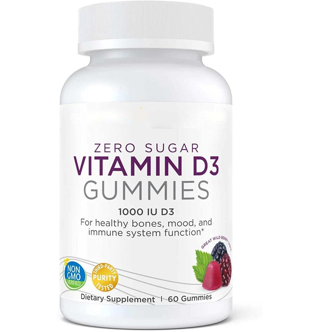 Bottle of zero sugar Vitamin D3 Gummies dietary supplement with 60 capsules and berry flavor