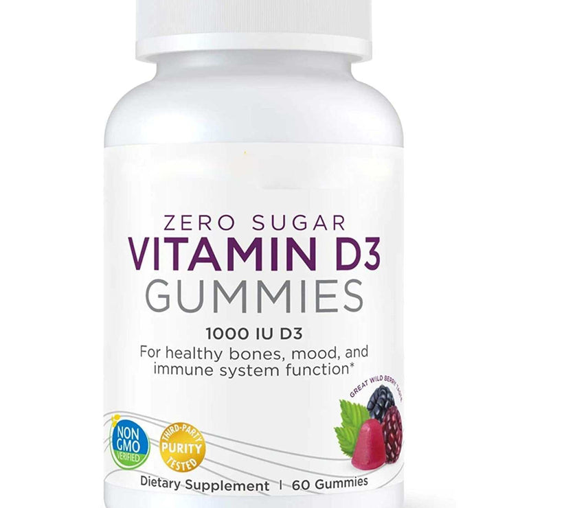Bottle of zero sugar Vitamin D3 Gummies dietary supplement with 60 capsules and berry flavor