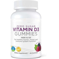 Bottle of zero sugar Vitamin D3 Gummies dietary supplement with 60 capsules and berry flavor