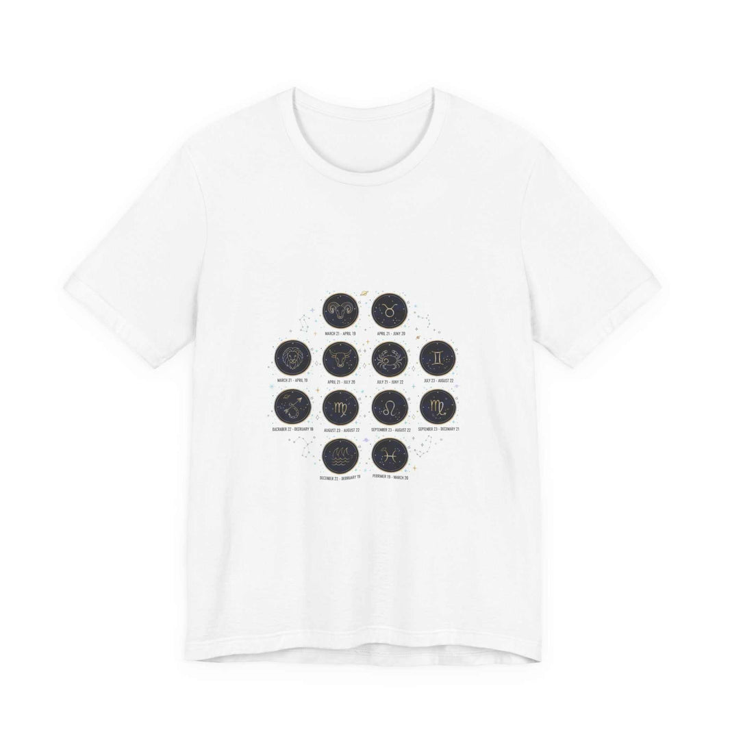 Minimalist black Zodiac Constellation Chart t-shirt featuring twelve circular astrology glyphs and starfields on a dark background