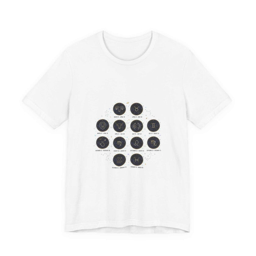 Minimalist black Zodiac Constellation Chart t-shirt featuring twelve circular astrology glyphs and starfields on a dark background