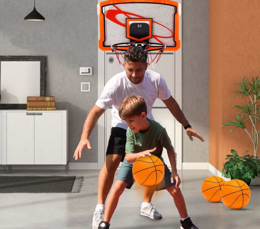 Indoor Mini Basketball Hoop Set Over Door Basketball Hoop With 4 Inflatable Balls Electric Audio Scorer Foldable Basket Gift For Kids And Adults