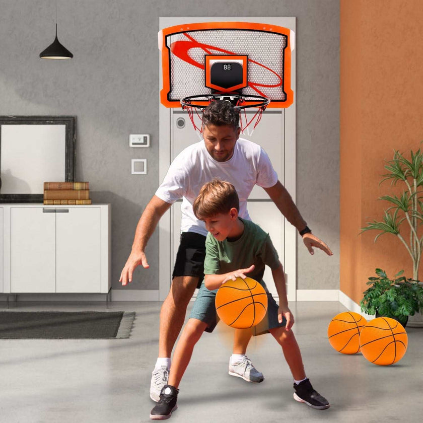 Indoor Mini Basketball Hoop Set Over Door Basketball Hoop With 4 Inflatable Balls Electric Audio Scorer Foldable Basket Gift For Kids And Adults