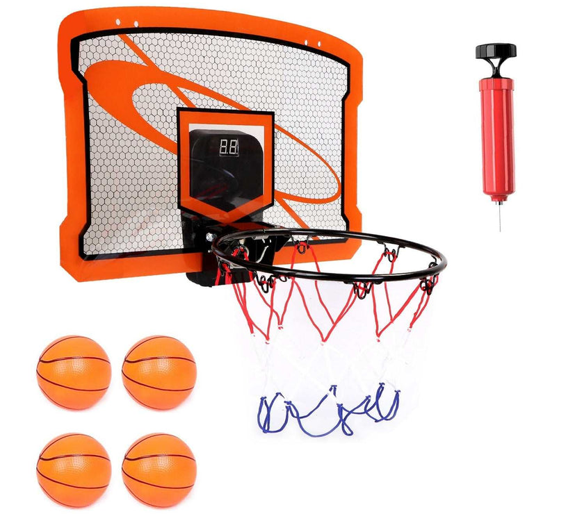 Indoor Mini Basketball Hoop Set Over Door Basketball Hoop With 4 Inflatable Balls Electric Audio Scorer Foldable Basket Gift For Kids And Adults