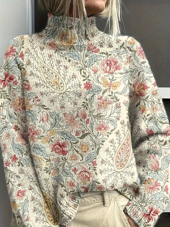 Women's Vintage Floral Print Pullover - Turtleneck Long Sleeve Loose Fit Polyester Top
