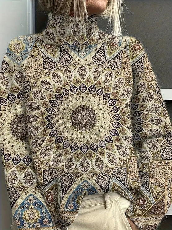 Women's Vintage Floral Print Pullover - Turtleneck Long Sleeve Loose Fit Polyester Top