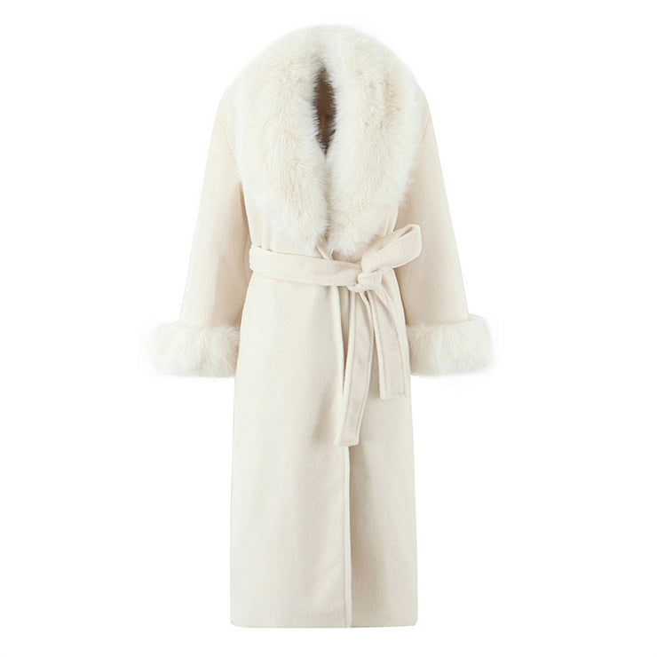 Women's Clothing Big Fur Collar Belt White Woolen Long-cut Coat
