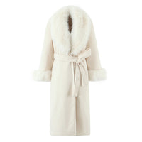Women's Clothing Big Fur Collar Belt White Woolen Long-cut Coat